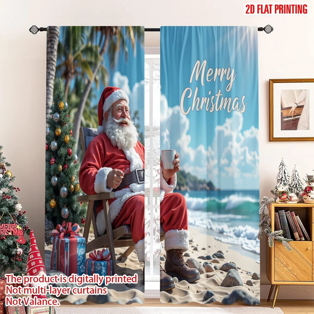 

2pcs 2D flat printing Christmas Scene Curtain Santa Beach Merry Christmas Polyester Without Electricity Birthday Party Use for