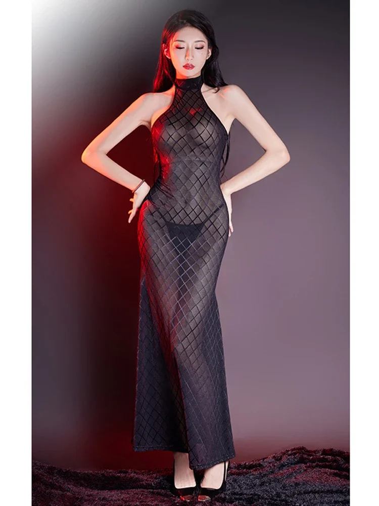 Robe Longue Sexy Transparente et Moulante pour Femme, Tenue de Soirée Élégante, Col Licou, Vêtement Féminin