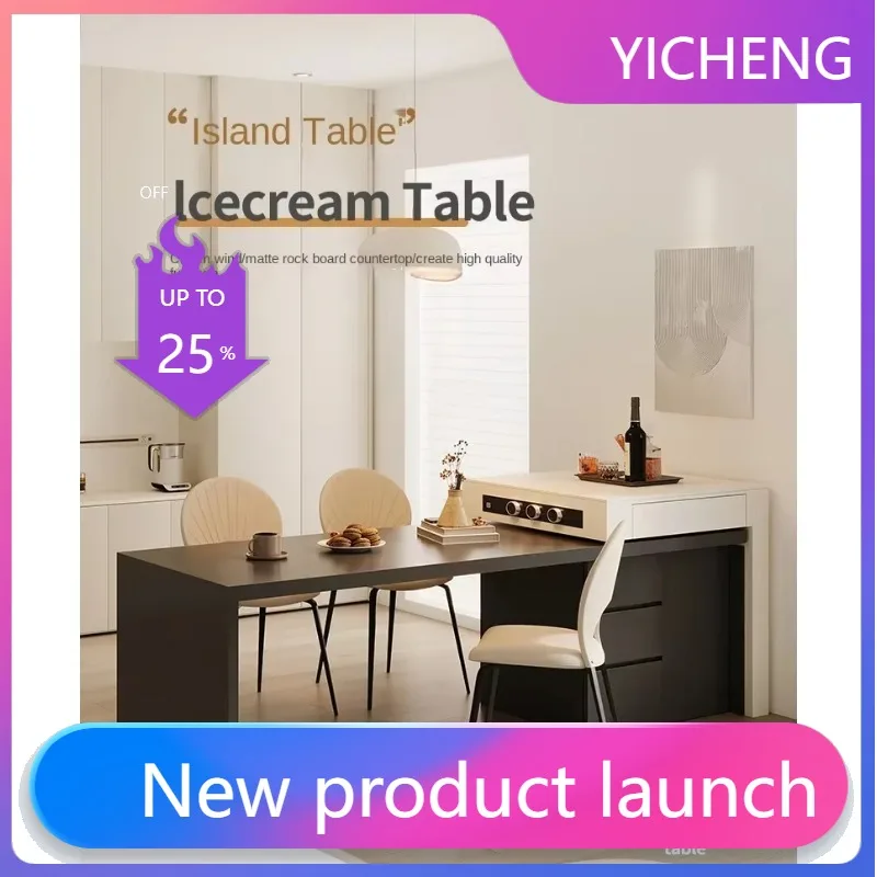 

LYY cream wind pure black rock slab middle island table integrated multi-function retractable