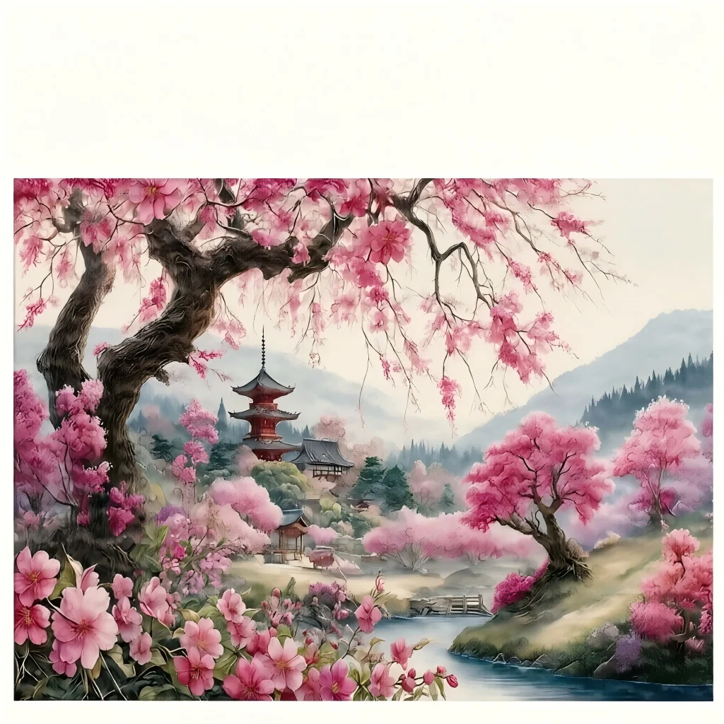 500-2000pcs Oriental Landscape Jigsaw Puzzle - Cherry Blossom Pagoda & Waterfall Scene-Adult Relaxation Art Toy Home Decor Gift