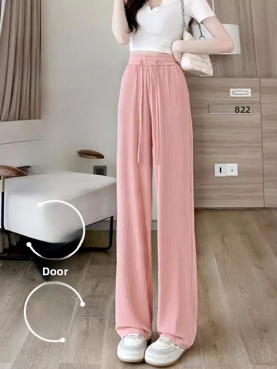 Pantalon taille haute en soie glacée pour femmes, jambes larges, coupe droite fine, Protection solaire, Cool, longueur au sol, été