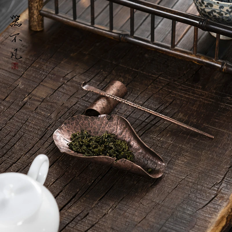 3pc/set Handmade Lotus Leaf Tea Spoon Japanese Hammer Copper Tea Scoop Boutique Chahe Awakening Tea Ladle Items Decoration