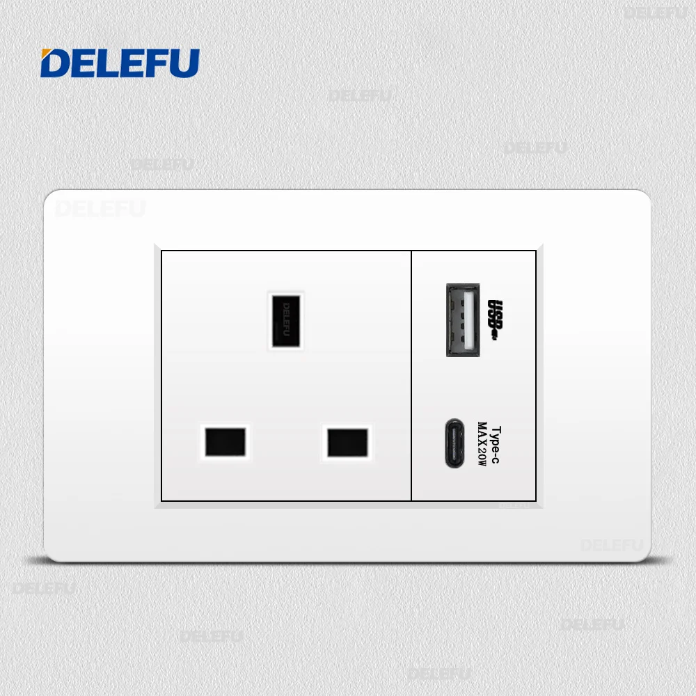 DELEFU Wall Switch Power socket USB-C PC White panel UK series