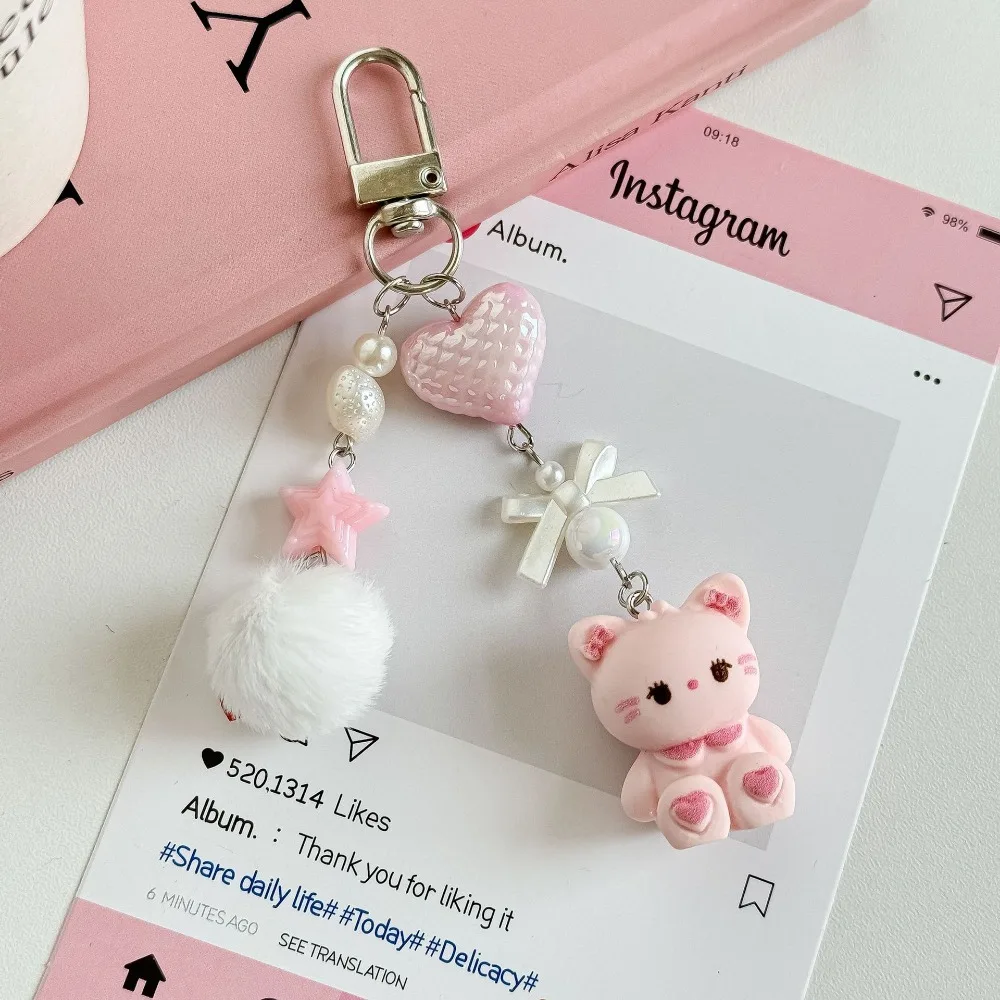 Bag Charm Cute Bead Rabbit Kitten Bear Pendant Lanyard Gift Key Chain Fluffy Balls Bows Kawaii Mobile Phone Chain Anti-Lost Pink