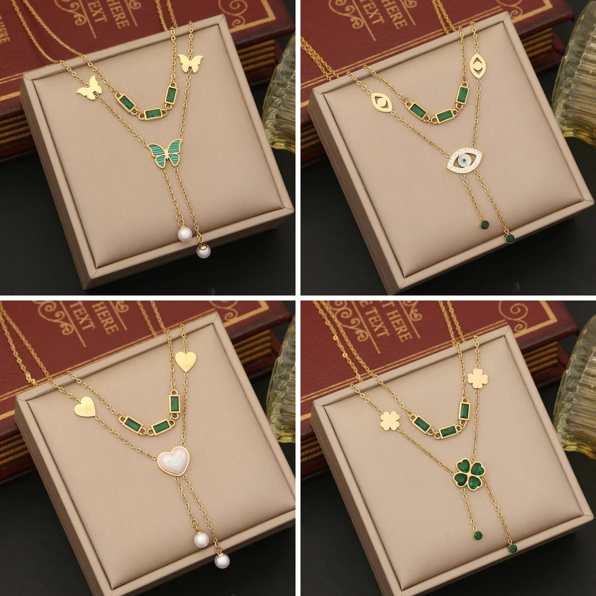 Pedina Temperament Emerald Butterfly Necklace For Women's Fashion Love Heart Collarbone Chain Jewelry Gift N050