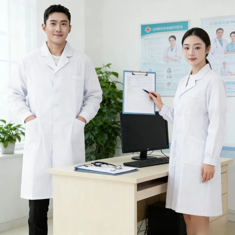 

White Lab Coat Men Women Doctor Nurse Uniform Hospital Chemistry University Long Sleeve Thick Lab Workwear