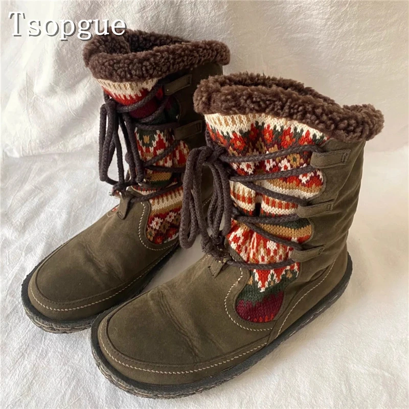 

Fashion New Women Patchwork Knit Fur Ankle Boots Round Toe Cross Lace Up Flat Snow Boots Winter Casual Warm Shoes