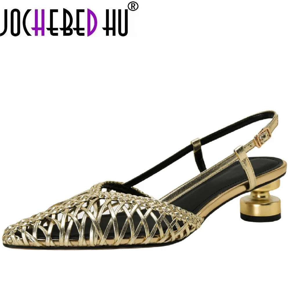 【JOCHEBED HU】New Golden Silver Genuine Leather Women Shallow Pointed Toe Braid Slingback Prom Party 34-40