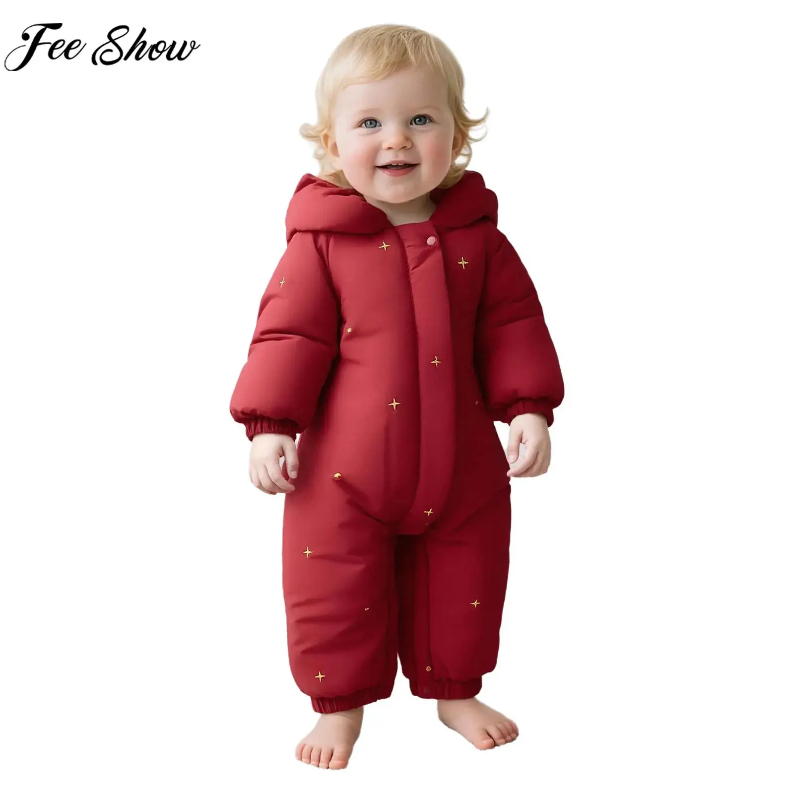 Baby Long Sleeve Print Zipper Winter Warm Hooded Rompers Snowsuit Thickened Cotton-padded Jacket Jumpsuit for Outdoor Home Wear