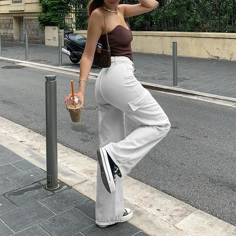 Damskie jeansy do kostki, spodnie cargo, denim, wysoki stan, luźny krój, jednolite, streetwear, wiosna 2025, proste, kieszenie, lato.