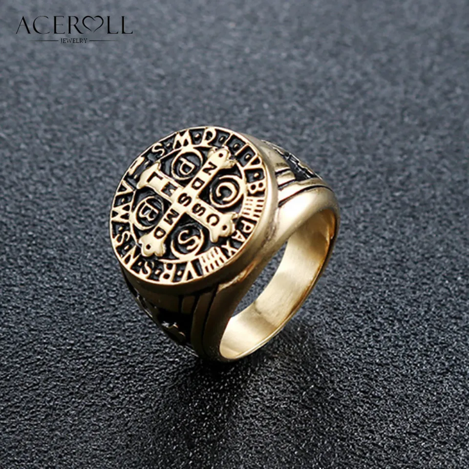 ACEROLL Stainless Steel Ring of Saint Benedict Medal for Exorcism Hip Pop Style