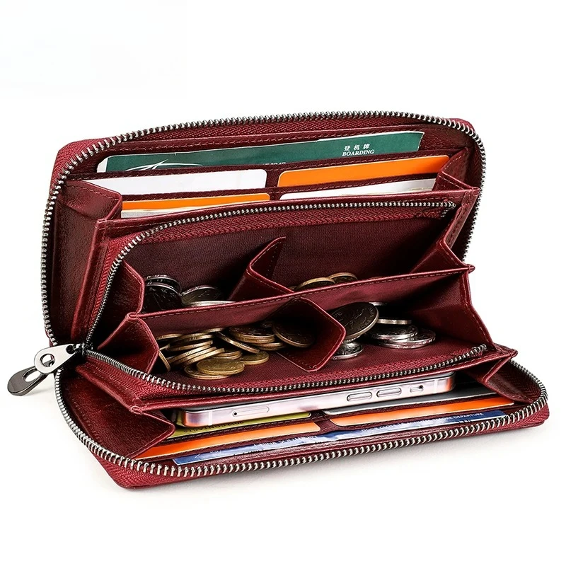 جلد طبيعي المرأة محافظ طويلة حامل البطاقة الإناث محفظة سستة المحفظة للنساء موضة حقيبة صغيرة Rfid Carteras