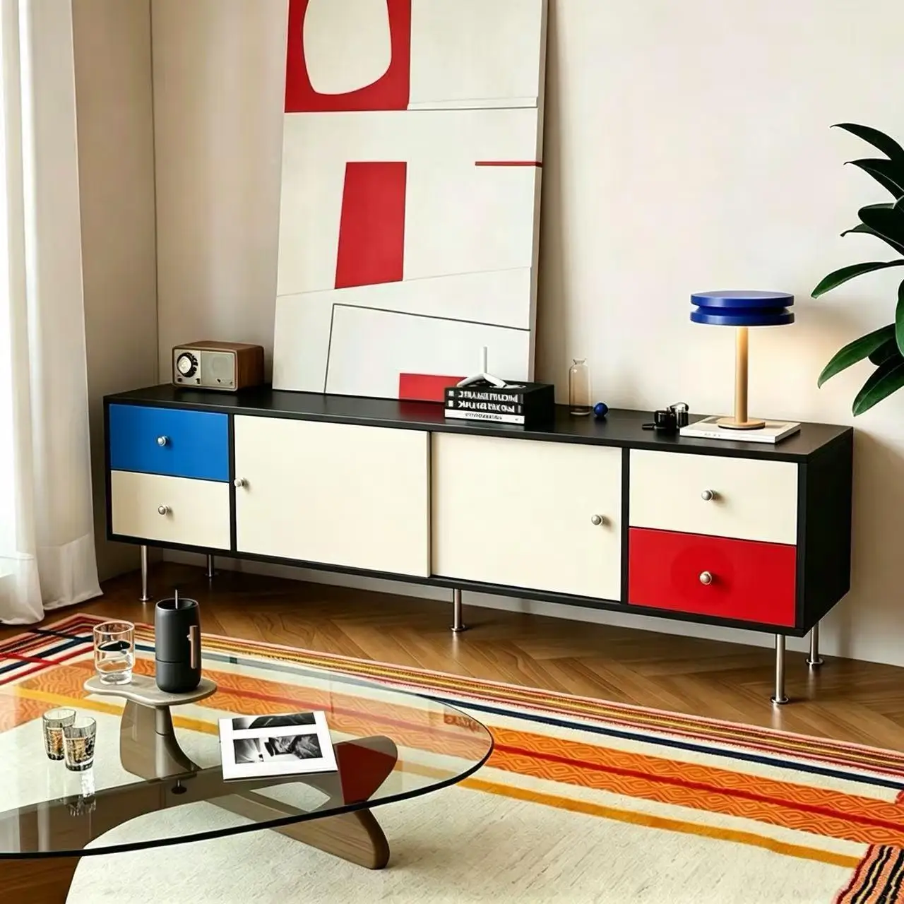 Medieval TV cabinet, simple living room against the wall, integrated locker, color matching, creative storage