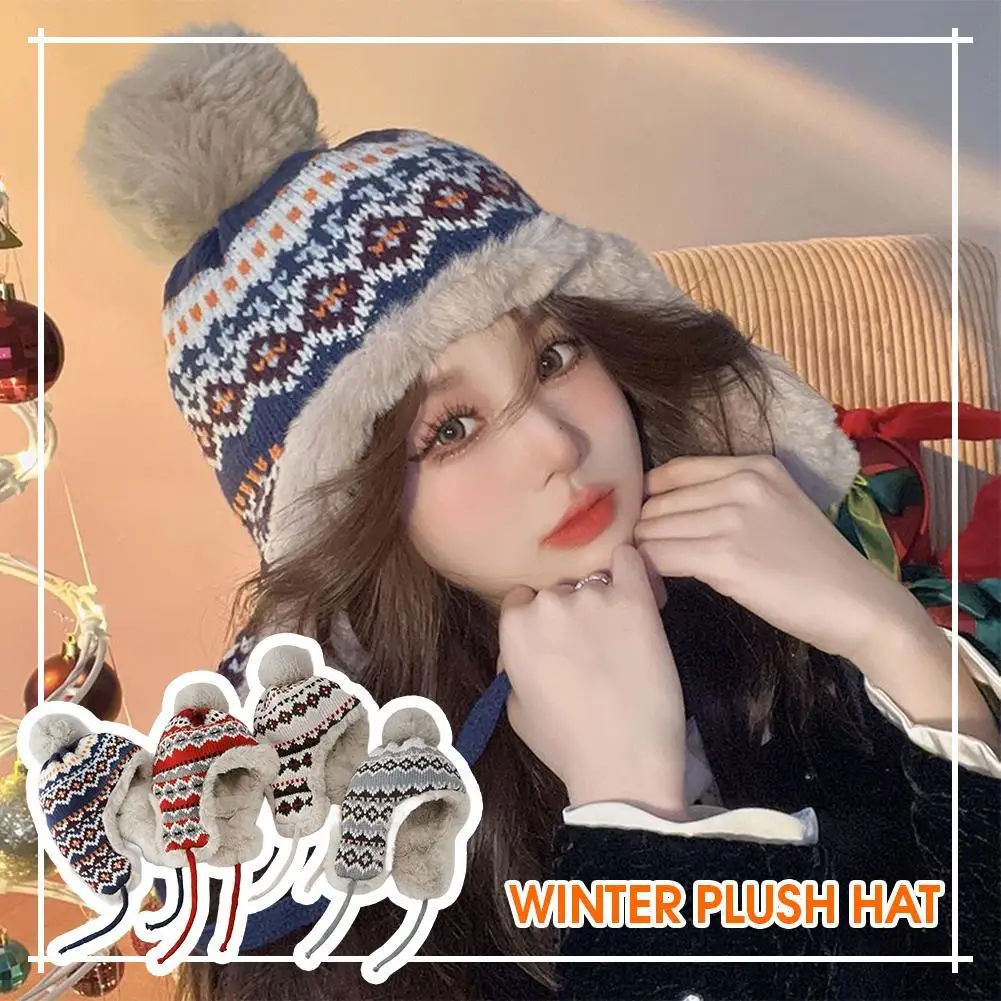 Вязаные цилиндры Шапка-бомбер Шапка-мяч Мужская снежная козырек Большой размер Шапка из искусственного меха Зимняя шапка Y2k Аксессуары Лыжная маска Шапка с ушками