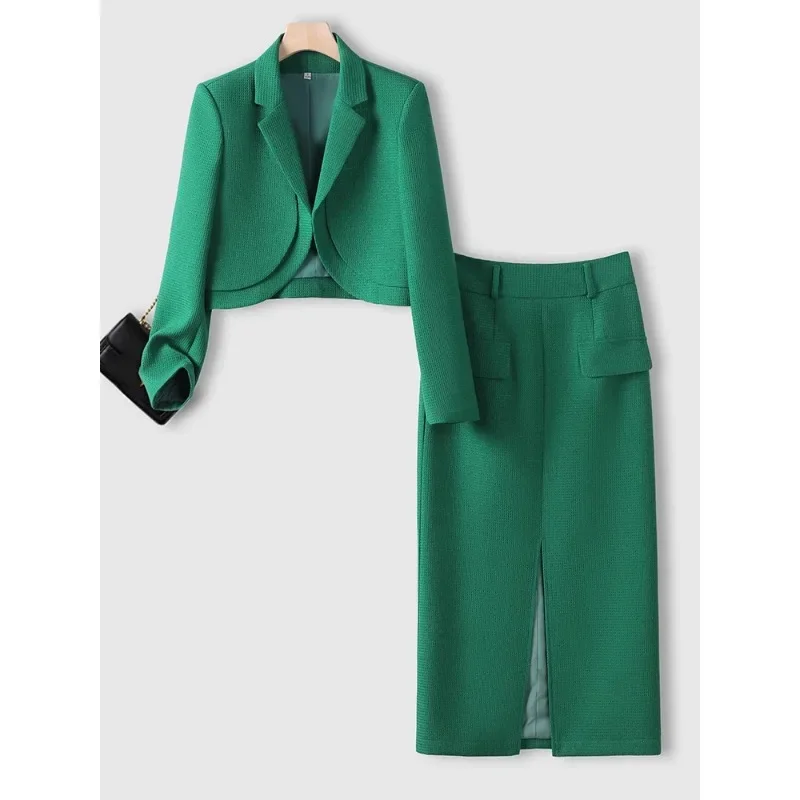 2023 Fashion Women Casual Jacket Skirt Suit Ladies Green Blue Beige Long Sleeve Female Blazer Two Piece Set For Autumn Winter