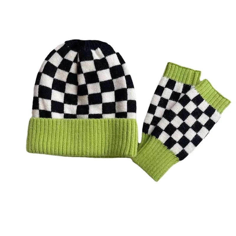 Jersey para mujer, sombrero coreano a cuadros, moda versátil, de alta calidad, Otoño Invierno, bufanda gruesa y cálida, guantes, sombreros de punto para niña