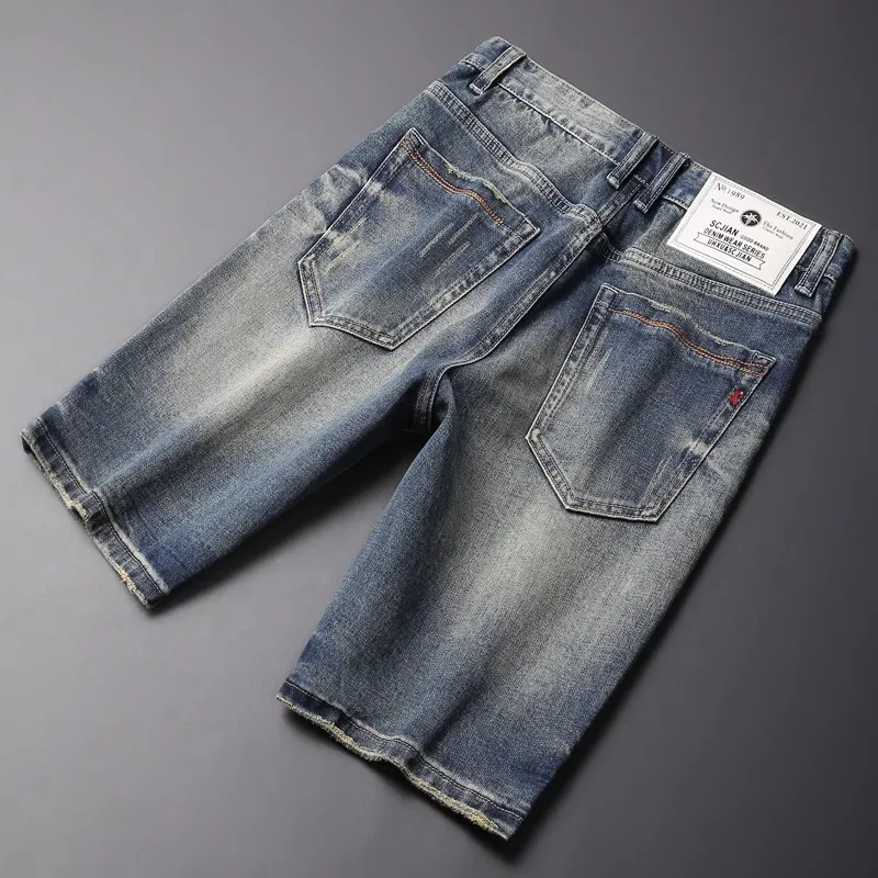 Summer Fashion Designer Men Jeans High Quality Retro Washed Elastic Slim Fit Ripped Short Jeans Vintage Casual Denim Shorts Men