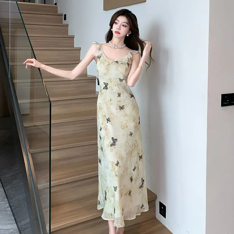 

Fashion O-Neck Printed Spliced Ruffles Slip Dresses Female Clothing 2025 Summer New Loose Korean Sleeveless Dress