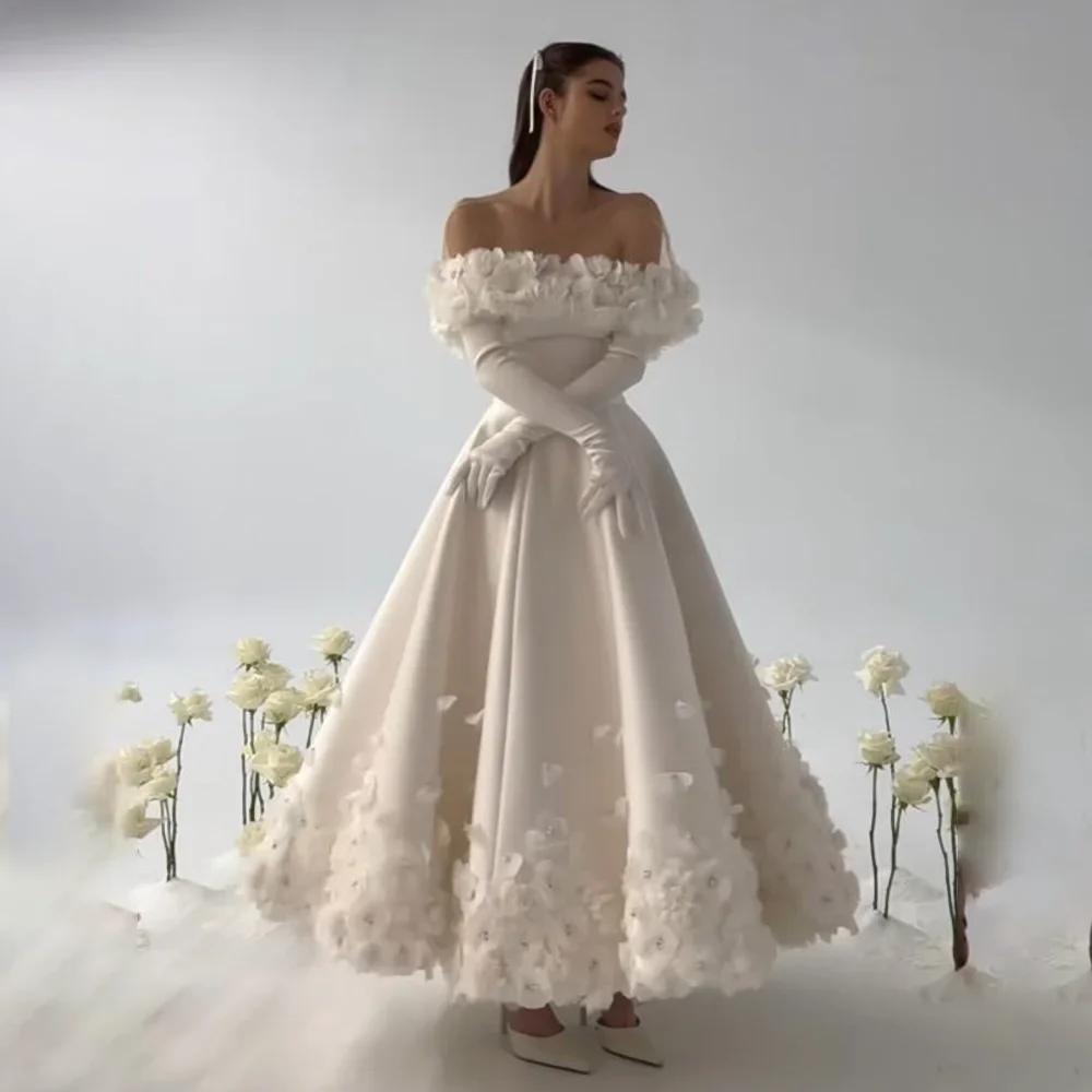 Vestido de fiesta de flores blancas, elegante, sin tirantes, drapeado hasta el tobillo, línea A, Formal, 2024