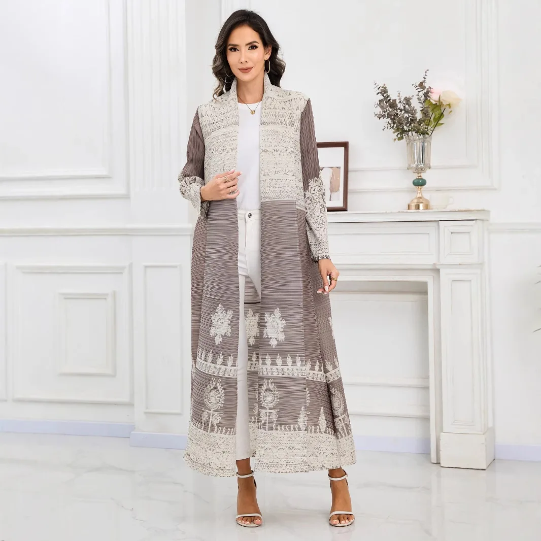 Miyake plissado trench coat plisse feminino verão miyake dobrar manga longa plus size jaqueta plissado impressão abaya solto plissados