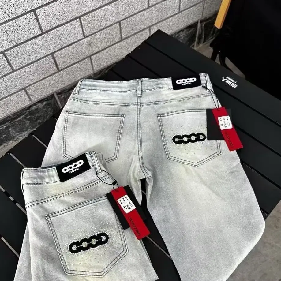 

Trendy Men's Slim Fit Jeans with Embroidery And Rhinestones Fashionable Versatile Autumn Winter Luxury Feel Straight Leg Pants