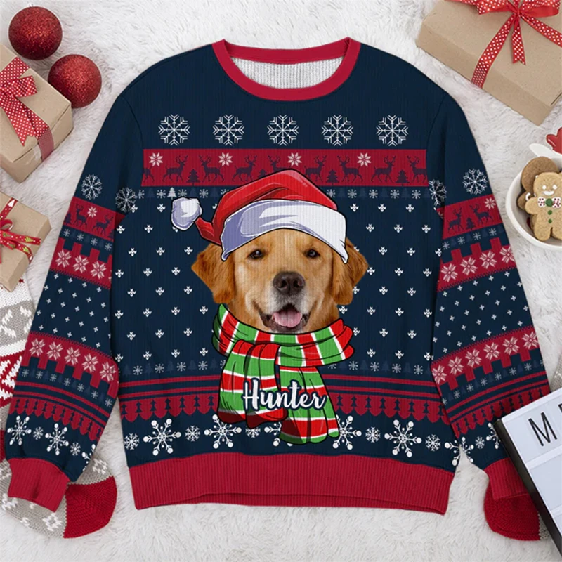 2025 New Cute Dog Ugly Christmas Sweater Fashion Holiday Xmas Sweatshirts For Women Clothes Gift Couple Boy Clothing Long Sleeve