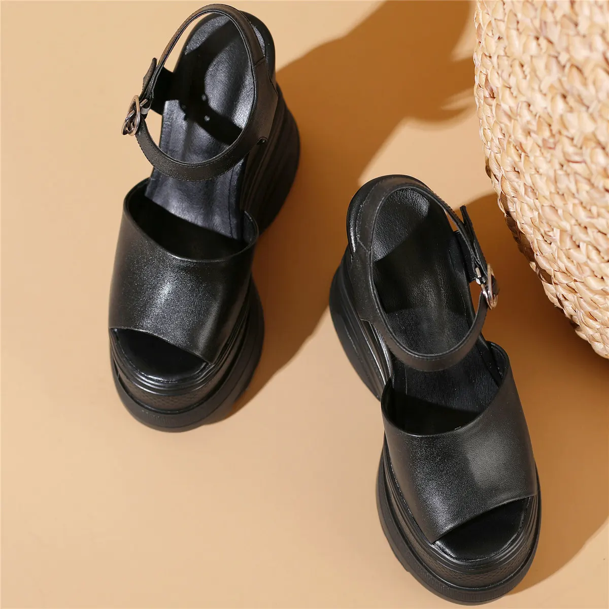 16cm Wysokie obcasy Czółenka Plus Size Buty Kobiety Skóra bydlęca Kliny Gladiator Sandały Kobieta Otwarty palec Moda Trampki Duży rozmiar Buty