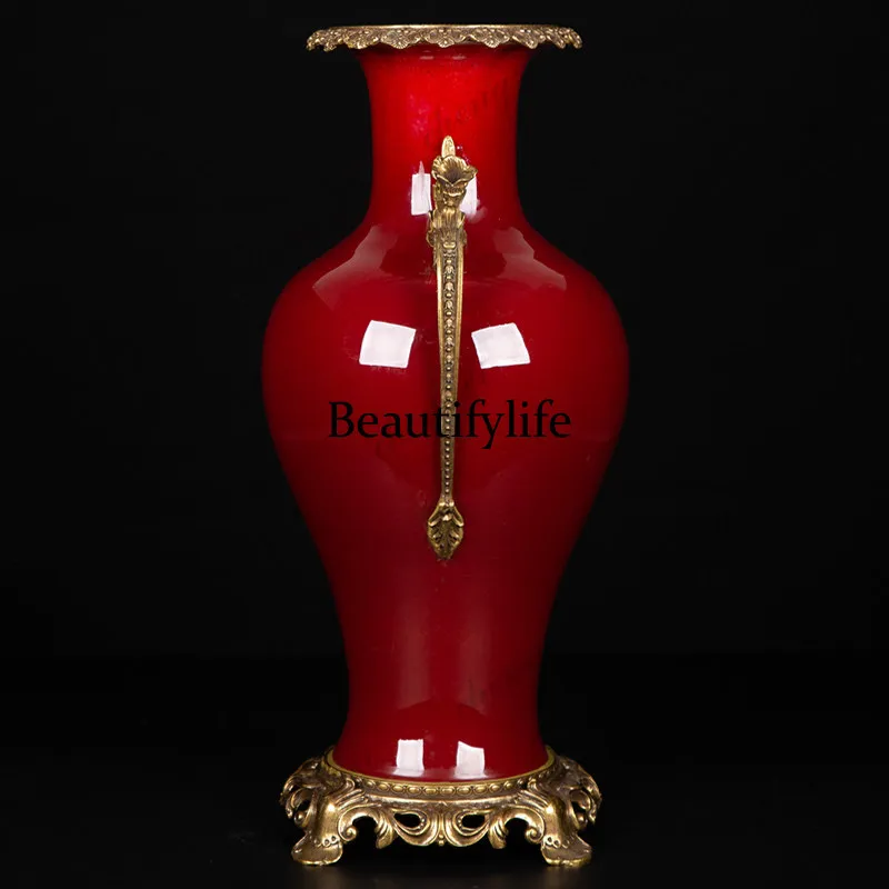 Lang Hong ice crack with copper flared flower fishtail bottle Jingdezhen porcelain vase Chinese ornament
