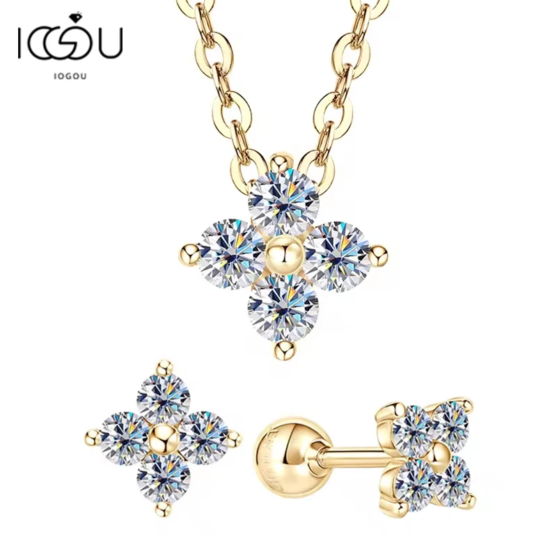 IOGOU D Color VVS1 Moissanite Real 10K Gold Clover Necklace Earrings Jewelry Set For Women Engagement Wedding Gift With GRA