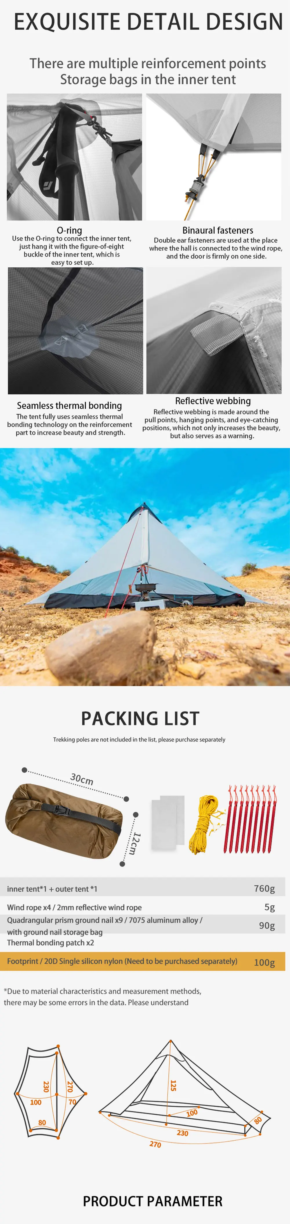 Neues FLAME'S CREED Lanshan 1-Personen-Outdoor-Ultraleicht-Campingzelt Single Man 3/4 Saison Professionelles 15D-Silikon-stangenloses Zelt – Detail 5