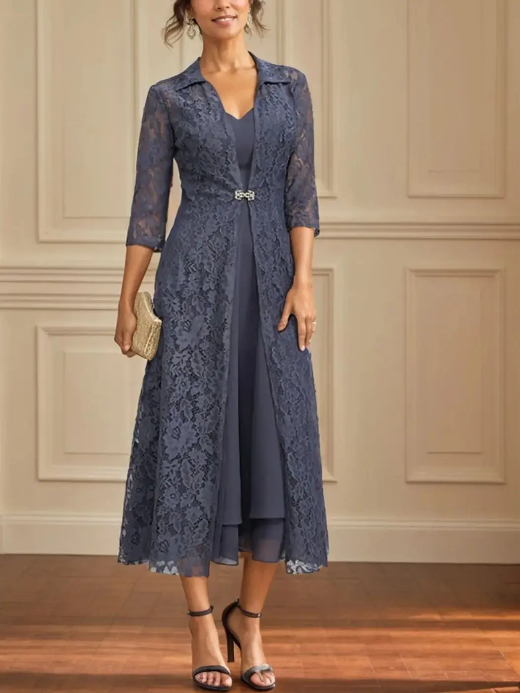 

Elegant Two Piece Evening Dress V Neck Chiffon Lace 3/4 Sleeve Tea Length Tiered Mother of the Bride Dress 2025 free customized