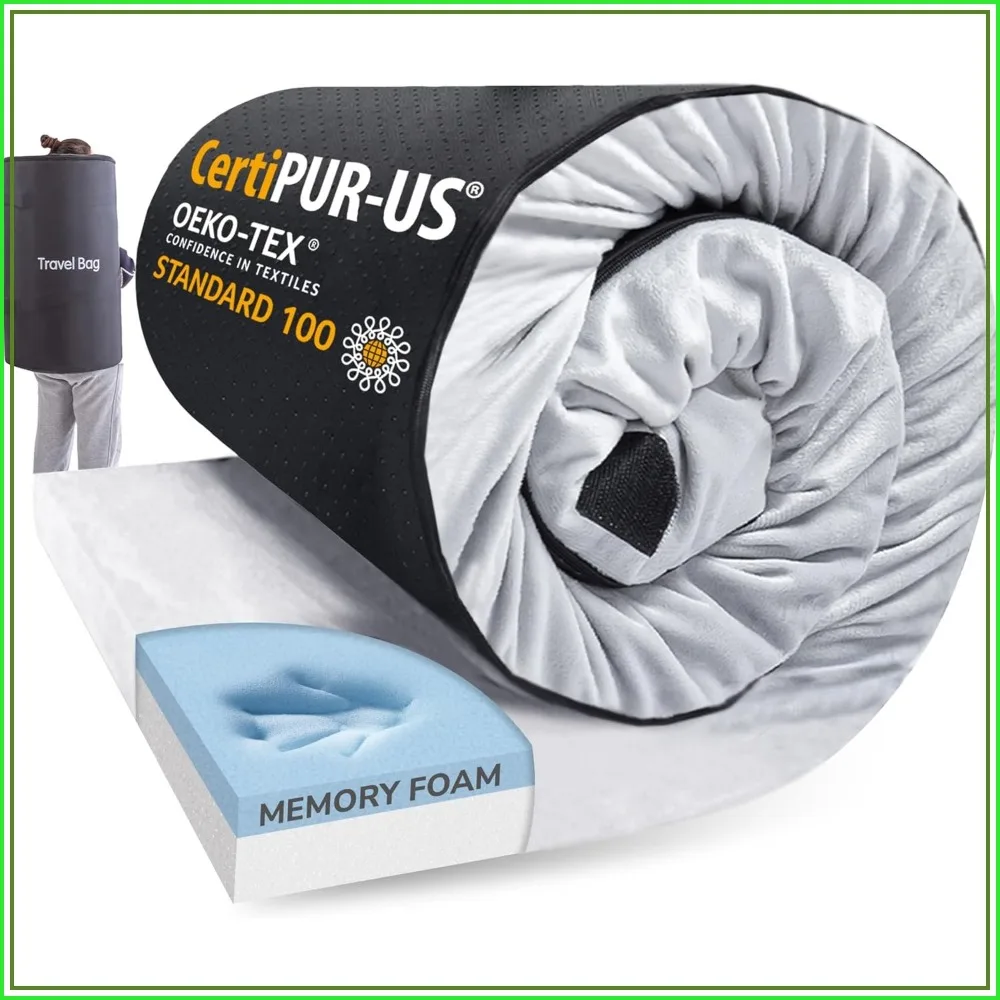 2.5" Memory Foam Camping Mattress, Kids Roll Up Sleep Topper, Waterproof Non-Slip Bottom, Travel Bag, 63"x26"x2.5", Grey