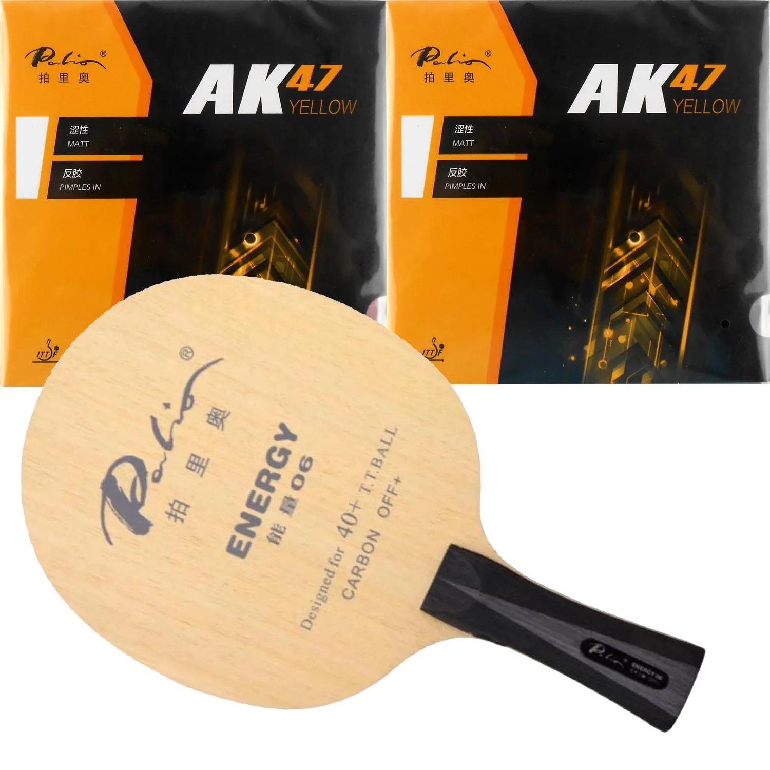 

Pro Combo Racket Palio Energy 06 FL Blade with 2 pieces of Palio AK47 Yellow Rubbers assembled ready to play