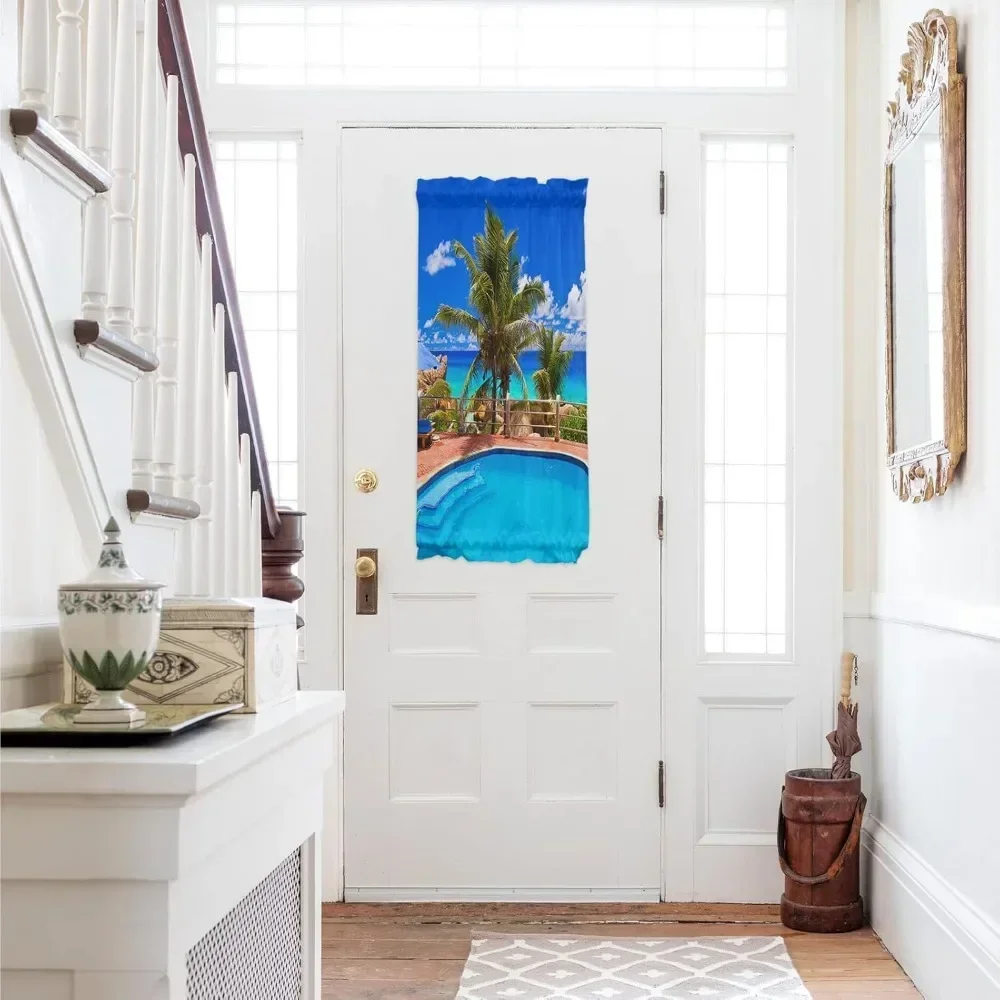 Tropical Plant Palm Tree and Swimming Pool Door Sidelight Front Back Door Vacation Kitchen Rod Pocket Drapes Panel