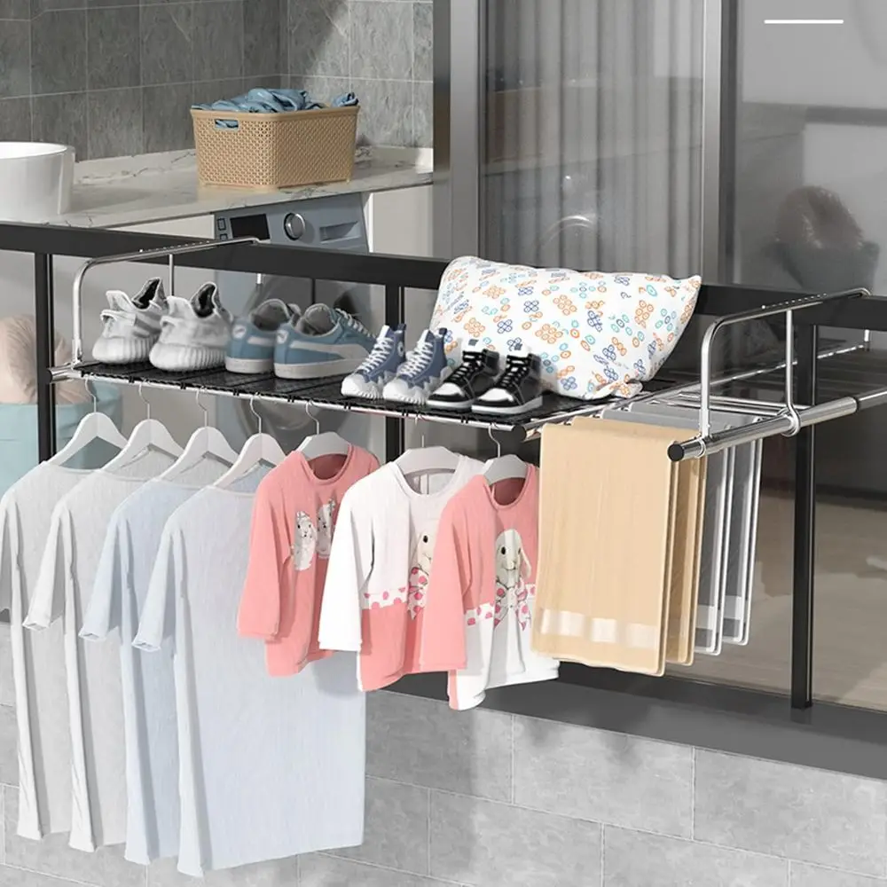 Indoor/Outdoor Stainless Steel Retractable Clothes Drying Rack, Wall-Mounted Space-Saving Laundry Hanger, Silver, 78