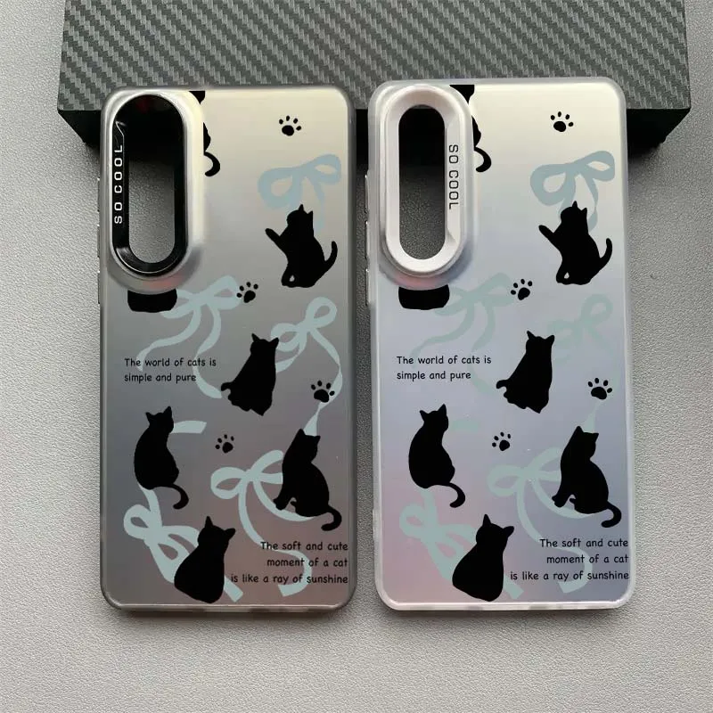 Cartoon Cat Ribbon Paw For Samsung Galaxy A34 A33 A32 A31 A30S A30 A26 A25 A24 A23 A22 A21S A16 Colored Silver Phone Case
