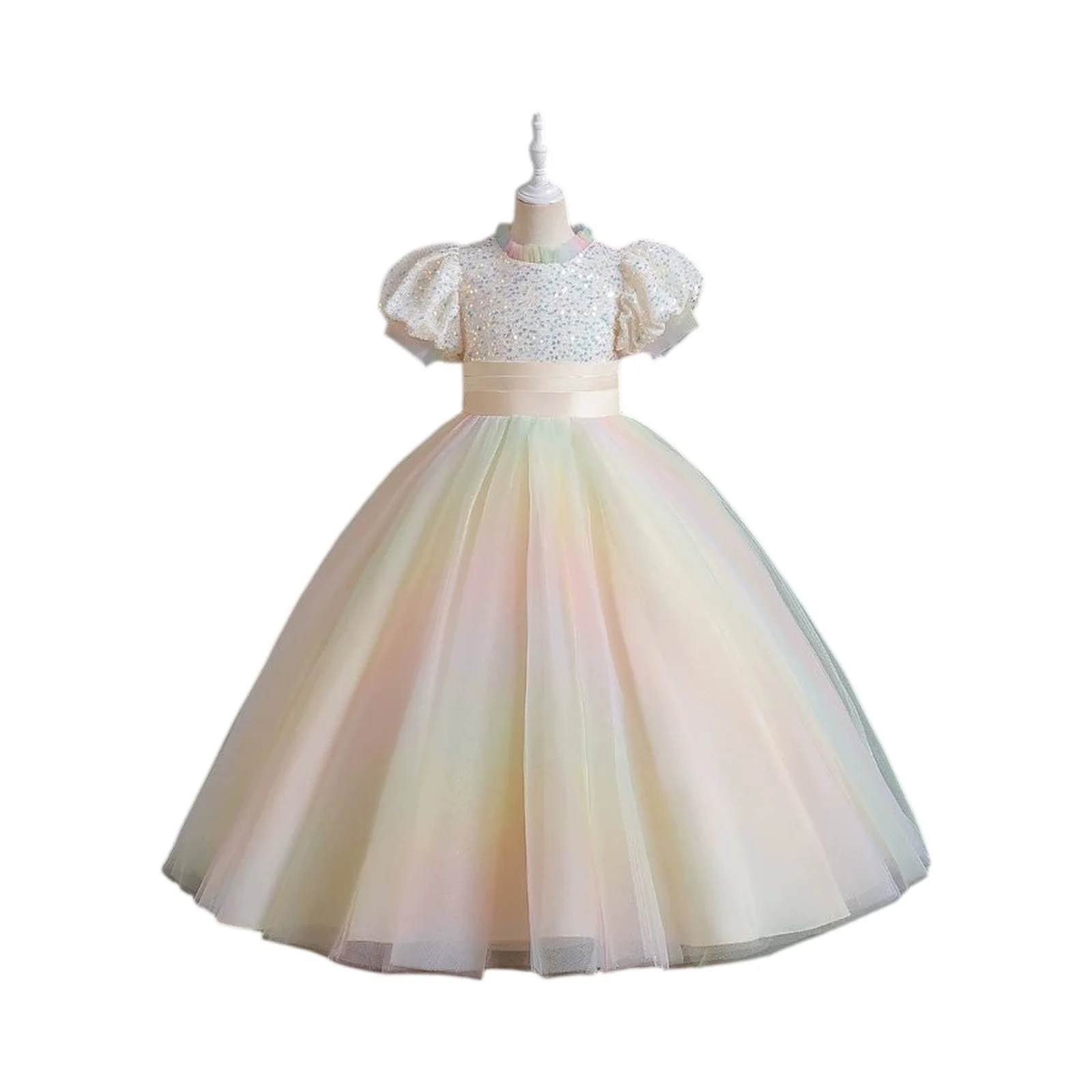 

Children's Evening Dress Children's Performance Clothing Tutu Skirt Puff Sleeves Mesh Skirt Sequined Birthday Lace Dress Flower