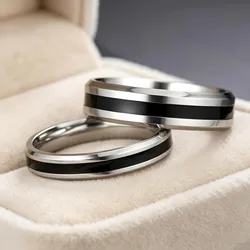 Stainless Steel Black Line Couple Rings for Women Mens Wedding Band