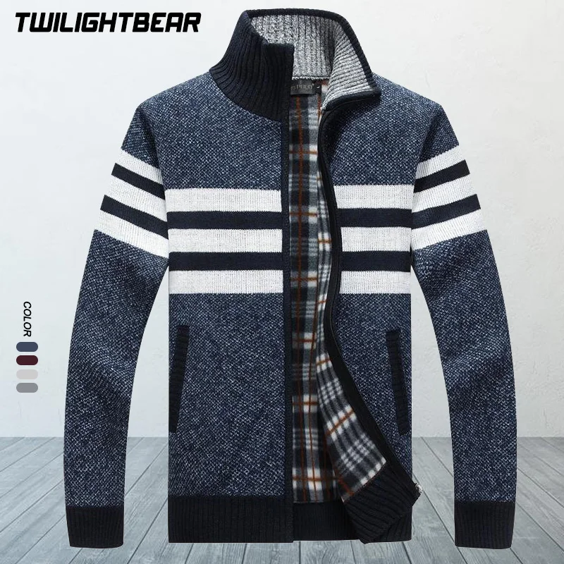 

Winter Men's Fleece Sweater Oversized Striped Cardigan Stand Collar Loose Zipper Knitted Coat Men Clothing Sweatcoats A2F1386