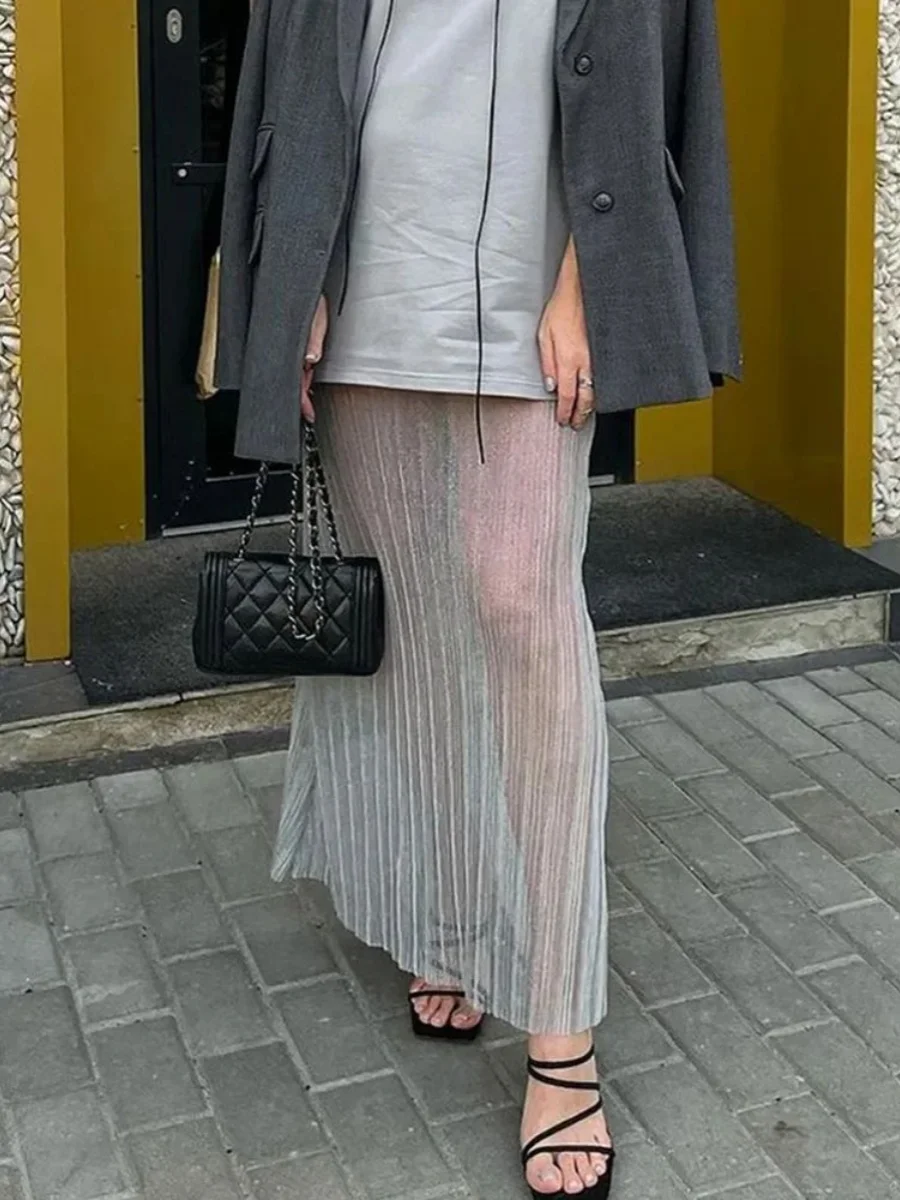 

Сексуальная полупрозрачная плиссированная юбка миди с высокой талией, уличный стиль, модный дизайн, прозрачный эффект, однотонная