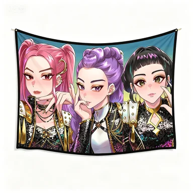 Cute girl group tapestry, soft colors, suitable for decorating teenage bedrooms and dorm rooms.