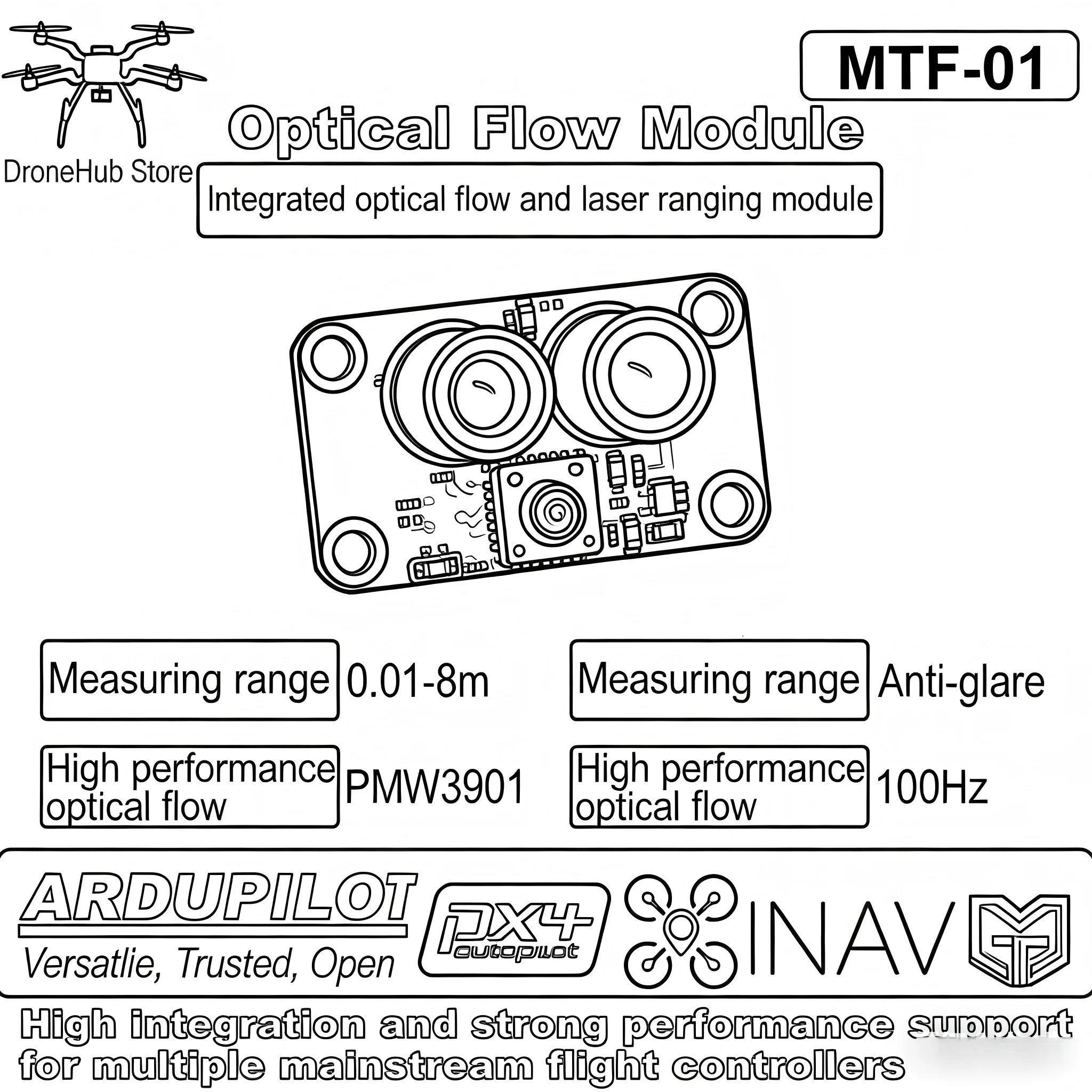 

DroneHub Optical Flow Module FPV Drone Kit Quadcopter INAV Beatflight PosHold Mavlink F722 F745 Ardupilot Flight Control