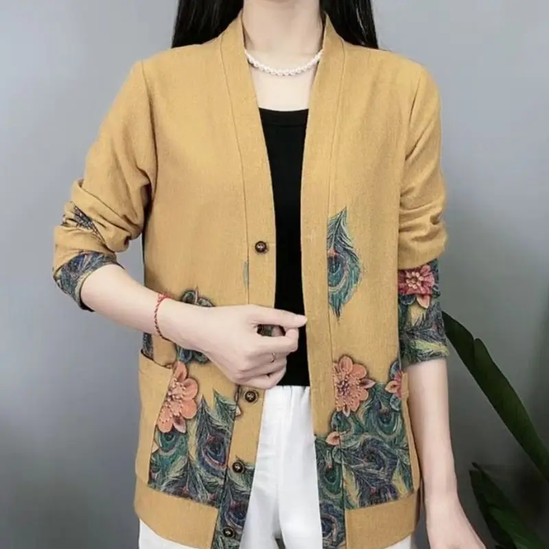 Vintage Woman Clothes Cardigan Long Floral Coat Streetwear Spring Autumn Long Sleeve V-neck Versatile Fashion Casual Knit Jacket