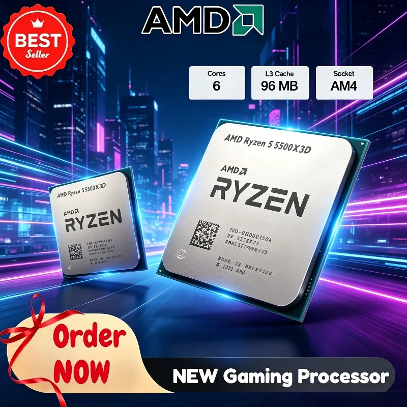 100% Brand New AMD Ryzen 5 5500X3D, 6-core 12-thread processor, 96MB L3 cache, DDR4, AM4, 7nm, 105W, excellent for daily use.