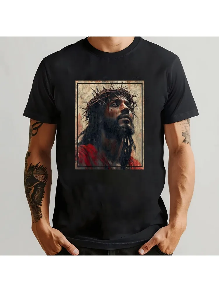Zwart Jezus Gezicht van Jezus Kruis met Kroon van Doornen T-shirt Bedrukt T-shirt voor christelijke gelovigen O-hals tops met korte mouwen - afbeelding 2