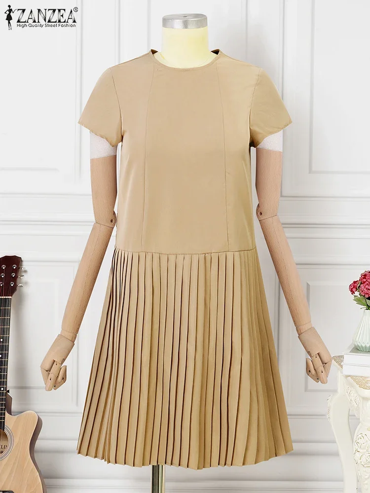 

ZANZEA 2025 Summer Women Short Sleeve Vestidos Solid Pleated Long Dress Elegant A Line Mini Dresses Casual Round Neck Short Robe