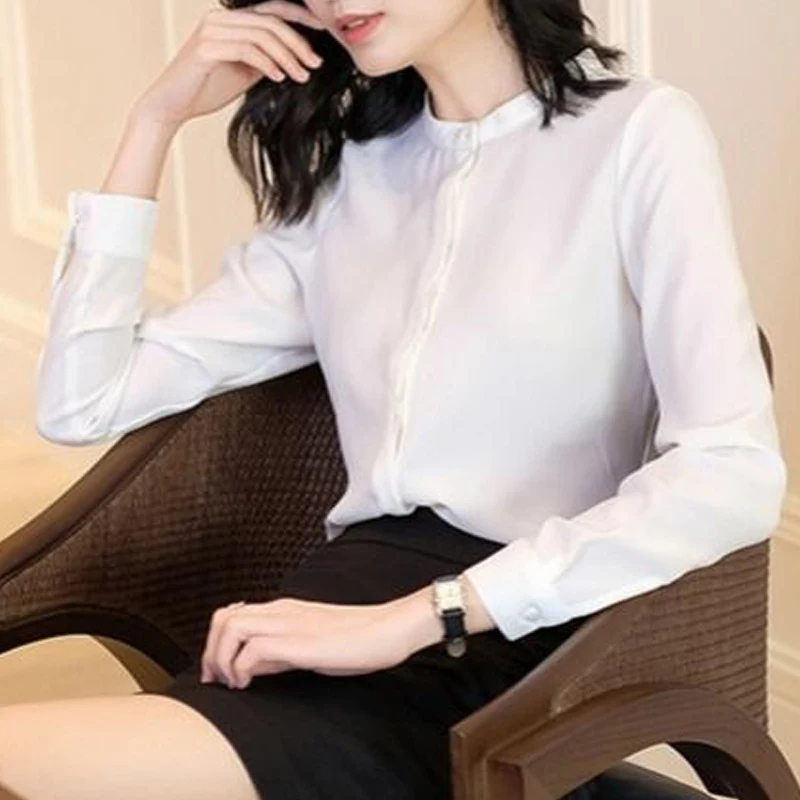 Elegant Simple Business Casual Office Lady Blue White Button Up Shirt 2023 Spring Summer Fashion Long Sleeve Blouses Tops Women