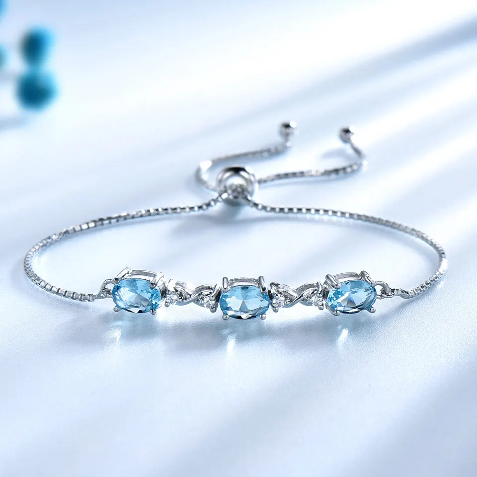 

Three Sky Blue Topaz 925 Silver Cubic Zirconia Adjustable Bracelet Custom Charm 925 Sterling Silver Bracelets