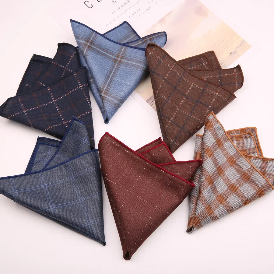 Classic Korean Version 24CM Plaid Cotton Pocket Square Men's Formal Suit Decoration Hanky Fit Business Wedding Handkerchiefs