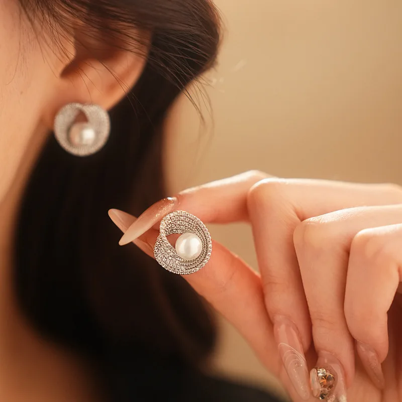 ZAKOL Luxury AAA Zircon Round Pearl Earrings for Women Irregular Stud Earring Temperament Wedding Party Jewelry image 5